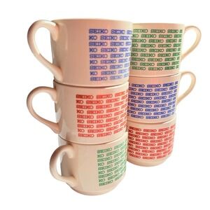 Vintage SEIKO Logo Stackable Mug Set Red Blue Green Promo Coffee Cups